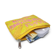 Load image into Gallery viewer, A yellow woven zippered pouch with pink beaded text, shown open with cash and cards partially visible inside, on a white background.