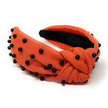 Load image into Gallery viewer, headbands for women, black orange headband, handmade headbands, orange black top knotted headband, Cincinnati Bengals knotted headband, Bengals Headband, Cincinnati football headband, black pearl headband, black orange game day headband, football headband, jeweled headband, knotted jeweled headband, Cincinnati football headband, Orange  Black knot headband, Princeton knot headband, pearly headbands, OKlahoma State headband, game day hair accessories, game day headband, football headbands, best selling items