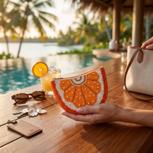 Load image into Gallery viewer, Orange slice beaded pouch for coins, cards and small essentials