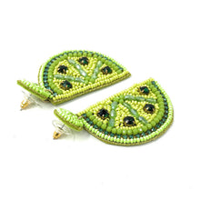 Load image into Gallery viewer, Handmade citrus wedge earrings in vibrant lime green tones