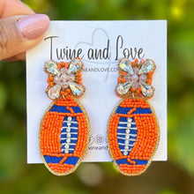 Load image into Gallery viewer, football Beaded Earrings, orange blue football Earrings, football Earrings, Denver Broncos football, football earrings, Orange Blue football earrings, Blue Orange football accessories,  football earrings, Syracuse  University earrings, navy blue orange football earrings, football seed bead earrings, football accessories, Football women accessories, Game day earrings, Best selling items, birthday gifts, sport jewelry, sport bead earrings, football accessory, College gifts, Chicago Bears earrings