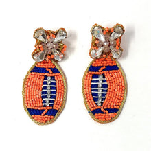 Load image into Gallery viewer, football Beaded Earrings, orange blue football Earrings, football Earrings, Denver Broncos football, football earrings, Orange Blue football earrings, Blue Orange football accessories,  football earrings, Syracuse  University earrings, navy blue orange football earrings, football seed bead earrings, football accessories, Football women accessories, Game day earrings, Best selling items, birthday gifts, sport jewelry, sport bead earrings, football accessory, College gifts, Football gifts for her, gameday ear