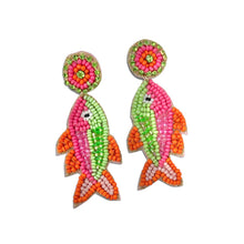 Load image into Gallery viewer, Whimsical tropical fish drop earrings showcasing pink and green bead embroidery with bold orange fin accents.