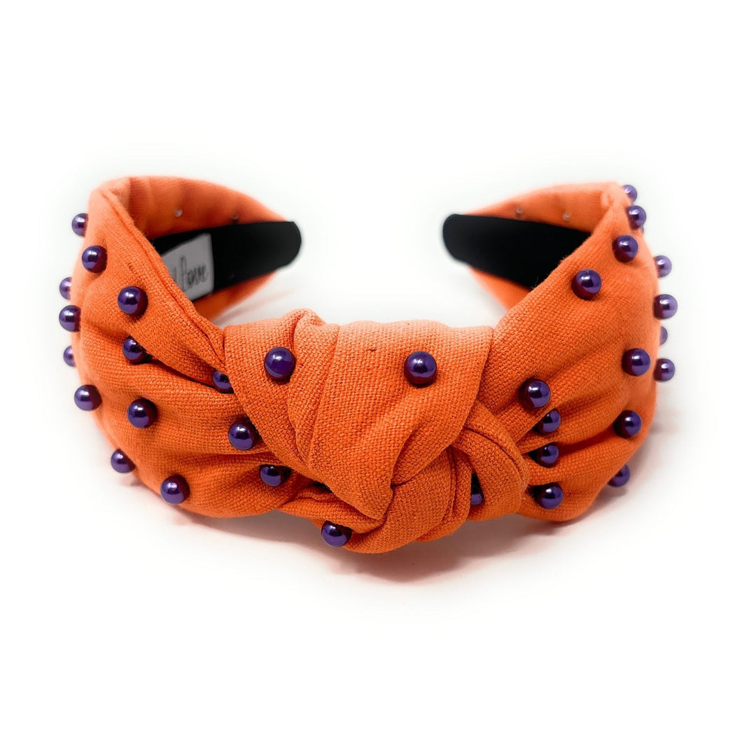 headbands for women, purple orange headband, handmade headbands, orange purple top knotted headband, orange knotted headband, hair band for women, embellished headband, Clemson knot headband, Clemson tigers headband for women, football headband, purple orange headband for women, knotted jeweled headband, Clemson Football headband, Orange Purple Clemson Color knot headband, Clemson tigers headband, pearly headbands, Clemson University headband, game day hair accessories, game day headband, best selling items