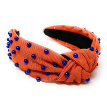 Load image into Gallery viewer, headbands for women, blue orange headband, handmade headbands,  orange blue top knotted headband, Go Gators Florida knotted headband, Florida university Headband, Go Gators headband, blue pearl headband, blue orange game day headband, football headband, jeweled headband, knotted jeweled headband, Florida football headband, Florida Gators knot headband, Gators Florida knot headband, pearly headbands, Orange headband, game day hair accessories, game day headband, football headbands, best selling items