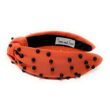 Load image into Gallery viewer, headbands for women, black orange headband, handmade headbands, orange black top knotted headband, Cincinnati Bengals knotted headband, Bengals Headband, Cincinnati football headband, black pearl headband, black orange game day headband, football headband, jeweled headband, knotted jeweled headband, Cincinnati football headband, Orange  Black knot headband, Princeton knot headband, pearly headbands, Oklahoma State headband, game day hair accessories, game day headband, football headbands, best selling items