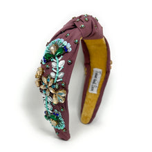 Load image into Gallery viewer, Ornate maroon headband with intricate blue and green beadwork, gold floral accents, and a soft yellow interior, evoking elegance and craftsmanship.