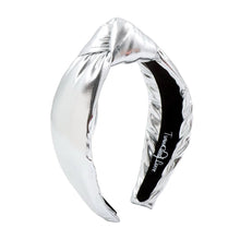 Load image into Gallery viewer, Metallic silver hairband with smooth satin texture and structured shape