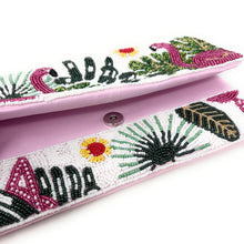 Load image into Gallery viewer, White hand-beaded statement clutch showcasing two pink flamingos surrounded by lush tropical foliage.