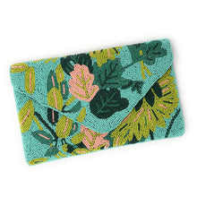Load image into Gallery viewer, Tropical beaded clutch purse with leaves and flowers in teal tone