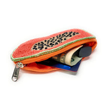 Load image into Gallery viewer, Beaded purse shaped like a papaya slice. The pouch features orange, green, and beige beads with black beads mimicking seeds, conveying a playful tone.