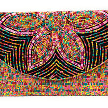 Load image into Gallery viewer, Handmade seed bead clutch featuring vivid pink, orange, teal, and yellow patterns with a decorative floral flap.