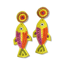 Load image into Gallery viewer, Bright fish-shaped statement earrings featuring yellow, orange, and pink beadwork with playful tropical-inspired details.