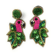 Load image into Gallery viewer, Tropical flamingo earrings crafted with colorful beads, perfect for summer outfits and beach vacations.