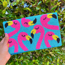 Load image into Gallery viewer, Turquoise beaded clutch purse with pink flamingo pattern and vibrant tropical design.