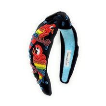 Load image into Gallery viewer, A black fabric headband featuring colorful beaded parrot designs and a light blue interior lining, shown on a plain white background.