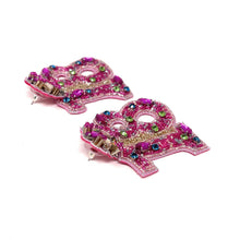 Load image into Gallery viewer, Handmade pink number 18 earrings with colorful rhinestone embellishments and star-shaped tops.