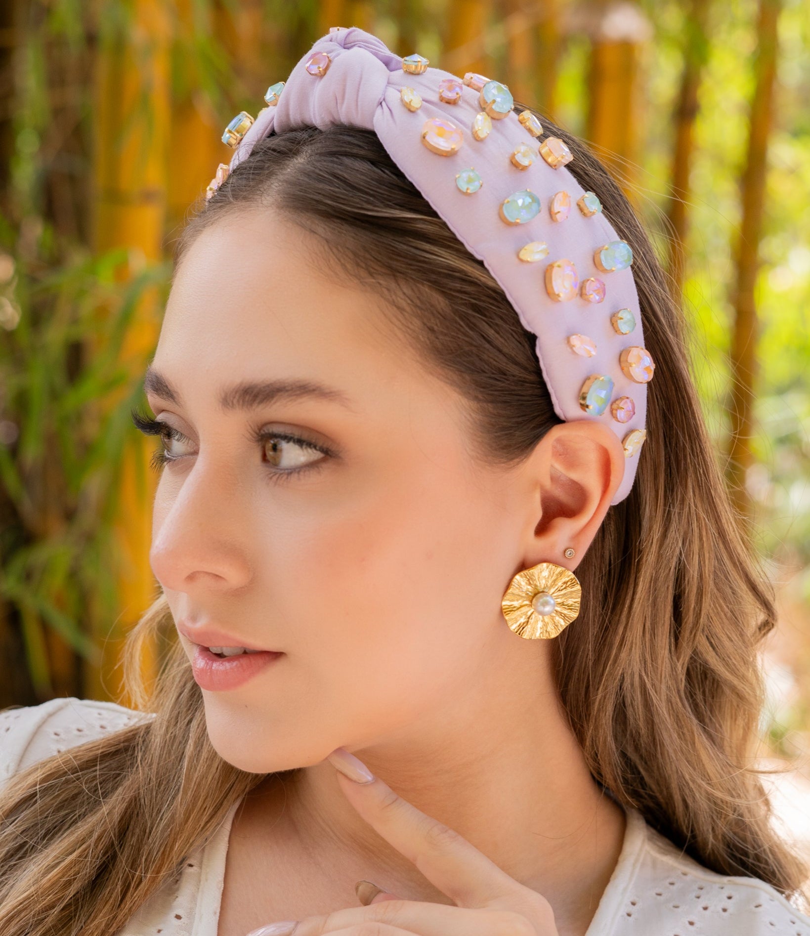 Lele Sadoughi Woven Pearl Headband Lavender Soft Purple Knotted Hair Accessories IVORY WOVEN PEARL HEADBAND | Bella Bridesmaids main image 3
