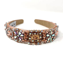 Load image into Gallery viewer, headband for women, blush headband, blush peach baroque headband, summer headband, blush embellished headband, bridal headband, bridal accessories, blush luxurious hairband, luxurious hair band, unique embellished headband, unique headband, statement headband, custom bridal headband, peach blush color accessories, embellished headband, gemstone headband, luxury headband, blush bejeweled headband, bling headband, baroque embellished headband, custom headband, jeweled baroque headband, evening hair accessory
