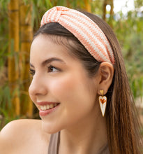 Load image into Gallery viewer, headband for woman, fashion headbands, blush raffia knot headband, woven headbands for women, stylish headbands, raffia headband style, top knot headband, woven top knot headband, blush white headband, raffia hair band, peach white raffia headband, raffia woven headband, women top knot headband, best selling items, blush knot headband, woven top knot headband, handmade headbands, top knotted headband, knotted headband, boho headband, summer headband, blush color headband, resort headband
