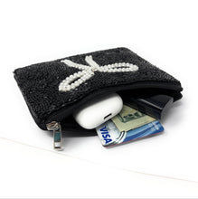 Load image into Gallery viewer, Handmade black bead pouch with white pearl bow embellishment and zipper.