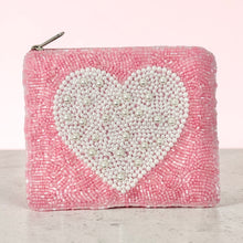 Load image into Gallery viewer, Handmade pink beaded zip pouch featuring large pearl heart detail