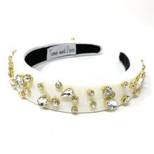 Load image into Gallery viewer, Chic white jeweled headband featuring mixed rhinestone shapes and glamorous bridal-inspired detailing.