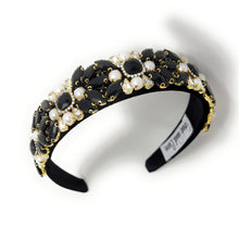 Load image into Gallery viewer, Elegant black headband adorned with clusters of white pearls and black crystals, creating a luxurious and sophisticated look.