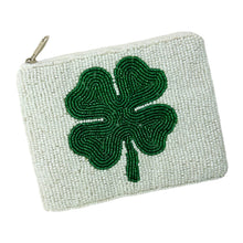 Load image into Gallery viewer, St. Patrick&#39;s Day Beaded Purse, Four Leaf Clover Coin Purse, Lucky Green Accessories, Coin Purse Pouch, Beaded Coin Purse, Best Irish Gifts, beaded coin purse, coin pouch, coin purse, best friend gifts, boho purse, boho pouch, gift card pouch, best selling items, party favor gifts, st patricks party favor gifts, beaded purse, small purse, gift card holder, st patricks day gift, st patricks day purse, irish gifts, green gifts, lucky charm gift, four clover leaf pouch