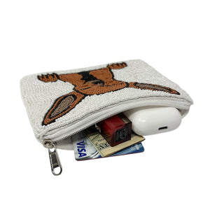 A beaded pouch featuring a Chihuahua design. The tan and black dog with large ears and paws pops against a white beaded background, evoking playful charm.