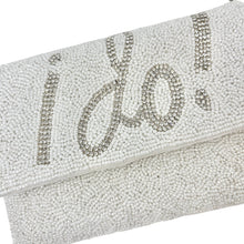Load image into Gallery viewer, Elegant white clutch with sparkling beads, featuring the words &quot;I Do!&quot; in bold, silver lettering. It has a silver chain, conveying a bridal theme.