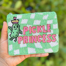 Load image into Gallery viewer, Pickle Princess hand beaded green and white checkered pouch with pink lettering.