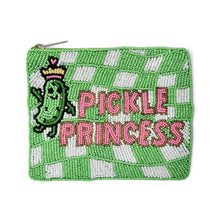 Load image into Gallery viewer, Pickle Princess hand beaded green and white checkered pouch with pink lettering.