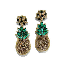Load image into Gallery viewer, Pineapple-shaped earrings with green gemstones on a white background