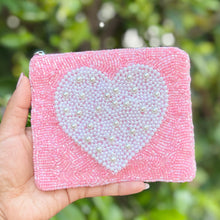 Load image into Gallery viewer, Pink beaded coin pouch with white pearl heart design on front