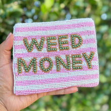 Load image into Gallery viewer, Pink striped beaded pouch with decorative lettering and textured beads