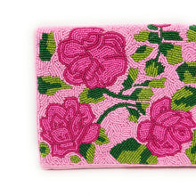 Load image into Gallery viewer, Feminine floral clutch featuring handcrafted bead embroidery in shades of pink and green for a timeless garden-inspired look