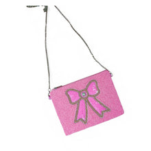 Load image into Gallery viewer, Elegant pink beaded purse with bow embellishment and zipper closure.