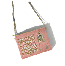 Load image into Gallery viewer, Pink seed bead cosmetic bag with pearl embroidery, champagne-inspired artwork, and playful “Veuve Funds” lettering.