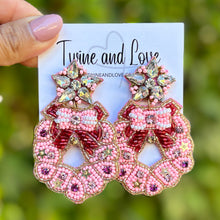 Load image into Gallery viewer, Christmas Beaded Earrings, Christmas wreath Earrings, Holiday Earrings, Pink Christmas wreath Beaded Earrings, Christmas earrings, Merry Christmas earrings, Holiday red earrings, pink Christmas  beaded earrings, Wreath Christmas accessories, Pink Christmas earrings, holiday earrings, wreath earrings, holiday gifts, holiday accessories, pink holiday beaded accessories, Holiday accessories, Holiday Christmas earrings, Pink Christmas gifts, best Selling items, Christmas earrings, Custom earrings
