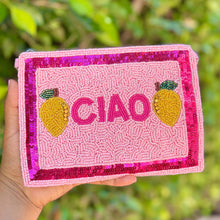 Load image into Gallery viewer, Handmade pink zip pouch with colorful “CIAO” lettering, sparkling sequins, and yellow citrus bead embroidery on a soft blush background