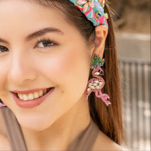 Load image into Gallery viewer, custom beaded Earrings, flamingo jeweled Earrings, flamingo Beaded Earrings, flamingo earrings, jeweled earrings, handmade earrings, custom earrings, bejeweled accessories, tropical jewelry accessories, embellished earrings, custom earrings, best friend gifts, birthday gifts, bohemian earrings, luxurious handmade accessories, party earrings, Fancy earrings, boho earrings, rhinestone earrings, embellished earrings, Fancy jeweled earrings, party earrings, statement earrings, best selling items