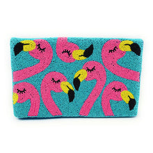 Load image into Gallery viewer, Hand beaded flamingo clutch with bright pink flamingos on a turquoise background.