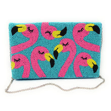 Load image into Gallery viewer, Fun flamingo statement clutch handcrafted with pink, yellow, and black bead details.