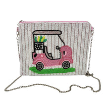 Load image into Gallery viewer, Cute pink golf cart beaded purse with golf clubs detail on a textured white background.