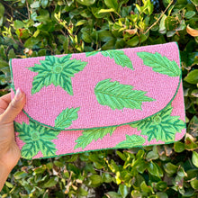 Load image into Gallery viewer, pink beaded clutch purse, birthday gift for her, summer clutch, seed bead purse, beach beaded bag, Beaded handbag, summer beaded bag, seed bead clutch, summer bag, birthday gift for her, floral clutch bag, seed bead purse, engagement gift, bridal gift to bride, bridal gift, palm leaves purse, gifts to bride, gifts for bride, wedding gift, bride gifts, beaded clutch purse,  summer beaded clutch, seed bead purse, beaded bag, summer bag, boho purse, tropical purse, tropical beaded clutch, pink purse