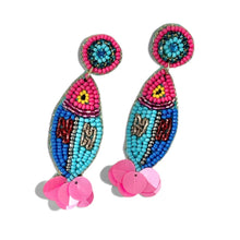 Load image into Gallery viewer, Colorful fish-shaped statement earrings featuring vibrant pink, turquoise, and blue beadwork with playful sequin accents.
