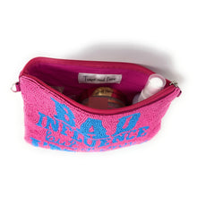 Load image into Gallery viewer, Pink pouch with blue text and white interior on a white background