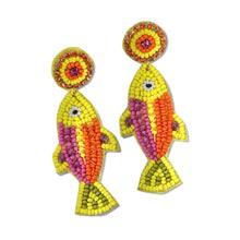 Load image into Gallery viewer, Lightweight statement earrings featuring bright yellow fish designs accented with orange and pink beads, perfect for beach vacations and resort wear.