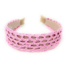Load image into Gallery viewer, Wide bubblegum pink raffia-style headband with intricate open-weave detailing and a comfortable fit.